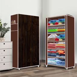 6 Tire Wood Printed PVC Collapsible Wardrobe-image-1