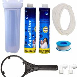 Prefilter set kit for all domestic RO water purifier/Complete filter set Pack of (Transparent housing with candle filter 10inch-2 , wrench , elbows , Teflon and pipe 2 meter 1/4) Solid Filter Cartridge-21