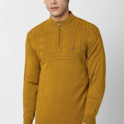 Men Self Design High Neck Yellow Sweater-image-87