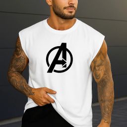 Gatiman's Trendy Classic White Sleeveless Gym Vest | Bold Black Avengers Print Men Vest-image-87