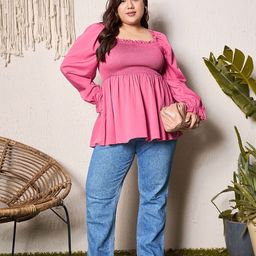 Berrylush Curve Plus Size Solid Square Neck Smocked Peplum Top image 5