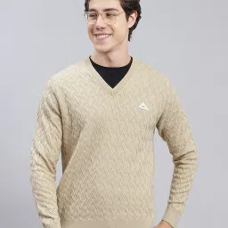 Men Self Design V Neck Brown Sweater-image-3