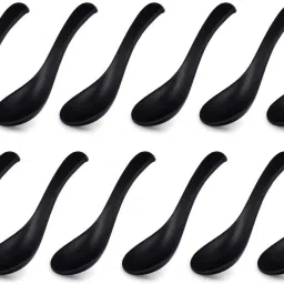 12 Packs Soup Spoons, Japanese Won Ton Soup Spoon, Plain Style Soup Spoon- Black Melamine Soup Spoon Set-28