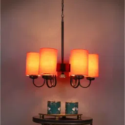new era Devansh 06 Light Black Iron Powder coated Chandelier With Orange cotton Shade (19x19x24 ) Inches-picture-3