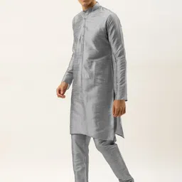 SOJANYA Men Grey Kurta with Churidar & Nehru Jacket image 4