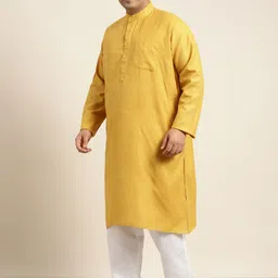 SOJANYA PLUS Men Plus Size Mustard Yellow Kurta with Churidar Comes With a Nehru Jacket image 4