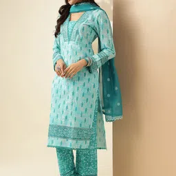 Anouk Blue Printed Regular Thread Work Pure Cotton Kurta With Palazzos & Dupatta image 4