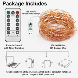 XERGY 100 LED White Silver Wire String Lights 8 Modes USB Powered with Remote Control image 3