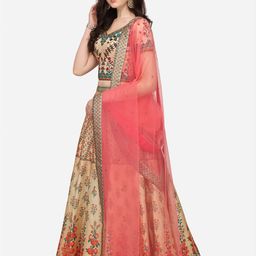 SAPTRANGI Cream-Coloured & Green Embroidered  Lehenga & Unstitched Blouse With Dupatta image 5