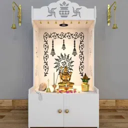 homscape Aesthetic White Wooden Temple For Home With Spacious Shelf Inbuilt Focus Light-picture-25