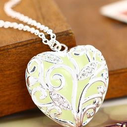 Peora Sliver-Tone Heart Shaped Glow in the Dark Pendant with Chain-image-2