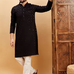 HERE&NOW Geometric Embroidered Sequinned Mandarin Collar Straight Kurta-20