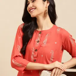 SHOWOFF Women Orange Ethnic Motifs Printed Kurta-image-85