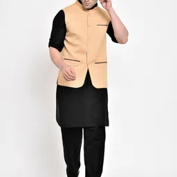Hangup Men Solid Straight Kurta with Pyjamas & Nehru jacket image 5