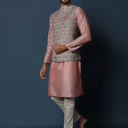 KISAH Mandarin Collar Regular Kurta with Trousers & Printed Nehru Jacket image 5