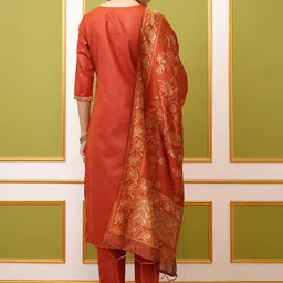 Vishudh Rust Orange Round Neck Embellished Straight Kurta & Trouser With Dupatta image 5