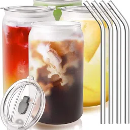 Drink Glasses Can Shaped Cocktail Glasses, Beer Mug Glass Tumblers with Lids Glass Set Water/Juice Glass-image-55