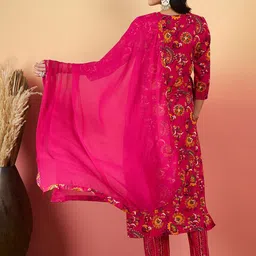 KALINI Women Floral Printed Regular Thread Work Kurta with Trousers & With Dupatta image 5