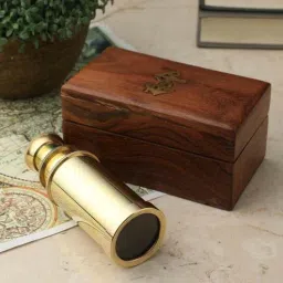 Golden and Brown Brass and Wood Telescope by Exim Decor-picture-11