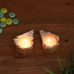 wooden home Mango Wood Hand Carved Design Tealight Candle Holder Set of 2-picture-1