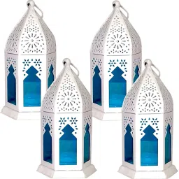iron Decorative Moksha Hanging Lantern white with blue Glass/Lamp with T-Light Candle, Set of 4 White, Blue Iron Hanging Lantern-image-1