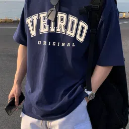 Oversized Men Printed, Typography Round Neck Pure Cotton Navy Blue T-Shirt-image-81