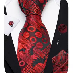 AXLON Men Geometric Design Tie Set With Pocket Square-Cufflink & Flower Pin image 2