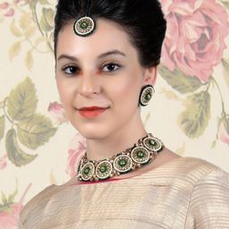 ODETTE Gold-Plated Stones Studded & Beaded Choker Necklace With Earrings & Maang Tika-picture-30