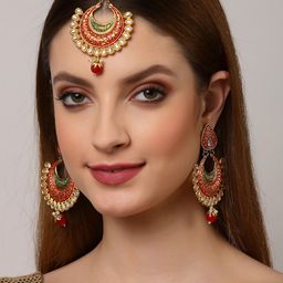 Arrabi Women Multi Oxidised Kundan Studded Maang Tikka & Earrings Set-image-78