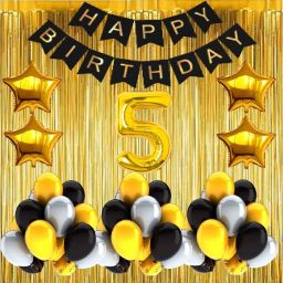 Solid No 5 Gold Foil Balloons with Happy Birthday Decoration Items or Kit Black Banner Set of 13 Letters with 100 HD Metallic Gold , Silver & Black Balloons Decoration + 4 Gold Star shape Foil Balloons for Party Decoration for Boys ,Girls & Kids + 2 Gold Fringe Curtains + 5th Birthday or 5th Year Birthday Gold Foil Balloons Balloon-32