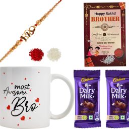 Delicious Dairy Milk 2 Chocolates, 1 Printed Mug, 1 Bro Rakhi, Card + Tilak Ceramic, Brass Gift Box-12