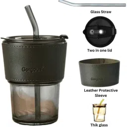 Water/Juice/Coffee tumbler with Glass Straw with Leather Protective(450 ml)-40