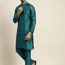SOJANYA Men Teal Kurta with Pyjamas & Nehru Jacket image 2