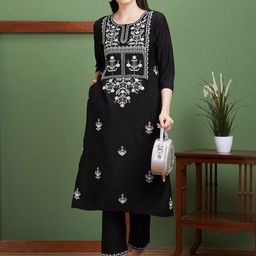 Globus Floral Embroidered Straight Thread Work Kurta With Trouser-29