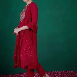 Sangria Zari & Sequence Embroidered  Round Neck Kurta With Trousers & Dupatta image 5