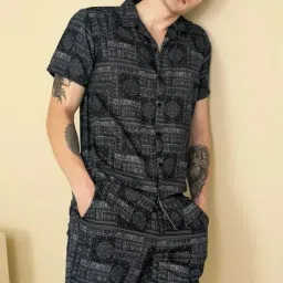 Men Shirt & Pyjama set Black Solid, Printed, Self Design-image-40