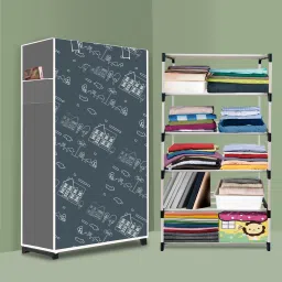 Strong 5 Shelf Plastic Foldable Wardrobe and Portable Almirah for Adults, Kids PVC Collapsible Wardrobe-image-95
