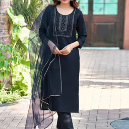 KALINI Ethnic Motifs Yoke Design Regular Sequinned  Straight Kurta with Trouser & Dupatta image 4