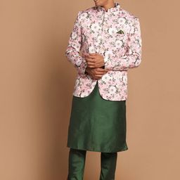 VASTRAMAY Men Green Kurti with Churidar & With Nehru Jacket image 2
