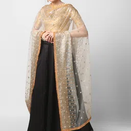 Dupatta Bazaar White & Peach-Coloured Embroidered Dupatta with Sequinned image 2