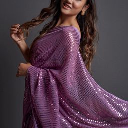 Mitera Mauve Embellished Sequinned Pure Georgette Saree image 5