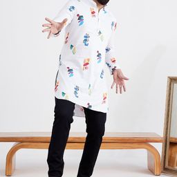 MR BUTTON Men White Quirky Printed Kurta image 2