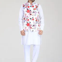 TAHVO Men White & Red Printed Nehru Jackets image 2