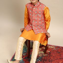 Sanwara Boys Orange Ethnic Motif Printed Nehru Jackets-31
