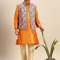 Sanwara Boys Grey & Coral-Coloured Ethnic Motifs Printed Woven Nehru Jacket-26
