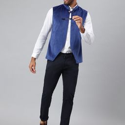 MR BUTTON Men Blue Solid Front-Open Nehru Jacket image 2