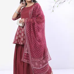 Vishudh Maroon & White Ethnic Motifs Printed A-Line Kurta With Sharara & Dupatta image 5
