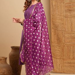 FASHOR Notch Neck A-Line Kurta With Trousers & Dupatta image 5