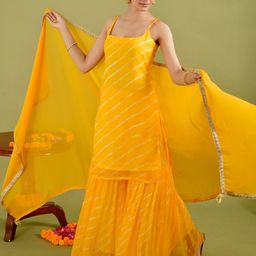 Rangpur Leheriya Printed Sleeveless Kurta with Sharara & Dupatta image 5