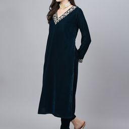Divena Embroidered Zardozi Velvet Kurta with Trousers & With Dupatta image 5
